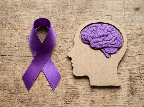 Purple awareness ribbon beside human head cutout with brain model on wooden texture