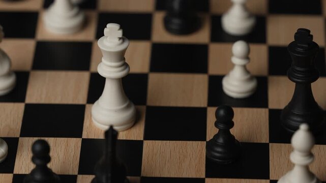 chess on a wooden board going around in circle