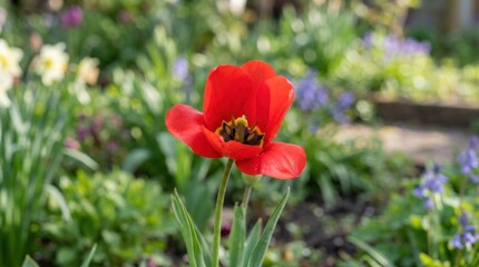 Obraz premium Close up of a vibrant red tulip in full bloom surrounded by a lush garden bed with soft bokeh background