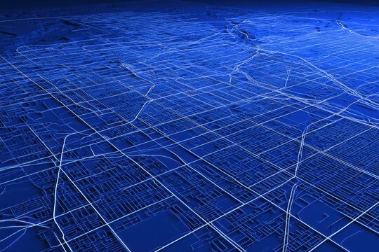 3D illustrated map of Denver streets in white lines on a blue background