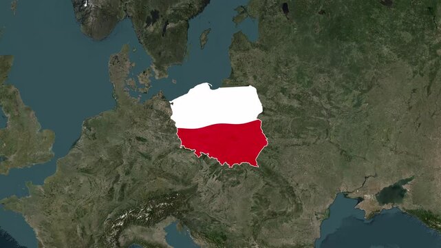 Realistic Satellite Poland Map Zoom Animation with National Flag
