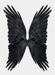 Naklejka premium Large Black Feathered Wings Isolated on White Background - Symmetrical Raven or Crow Wings for Fantasy and Gothic Design