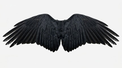Naklejka premium Detailed Black Raven Wings Spread Wide Isolated on White Background for Dark Angel or Gothic Concepts