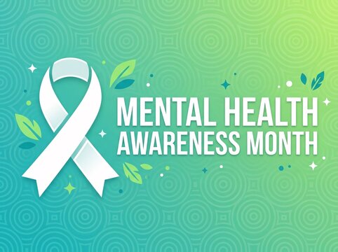 Mental health awareness month white ribbon gradient background design with awareness