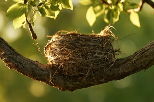 Rustic wildlife still life: empty nest perched in foliage under gentle morning light