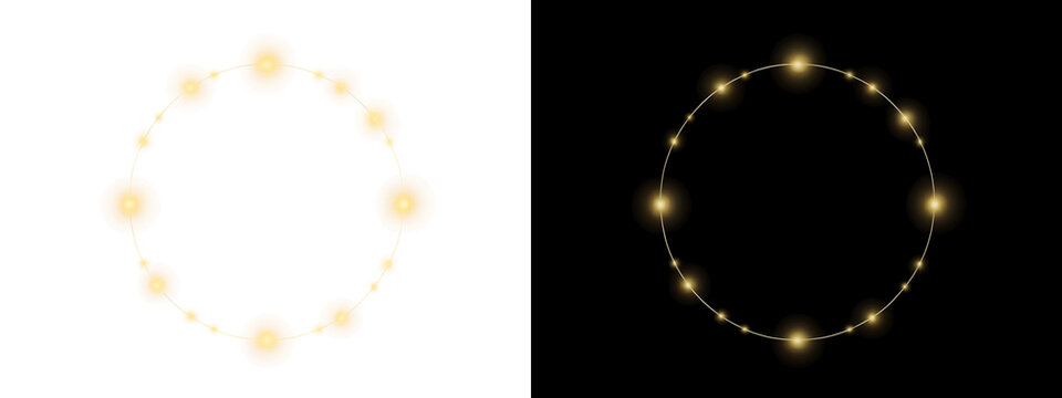 A circular arrangement of glowing golden lights forms a decorative frame on transparent background circle illumination glow radiance sparkle shimmer ornament decoration