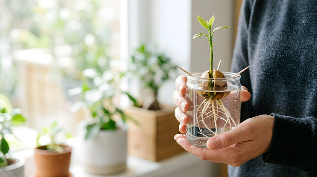 Person holding a glass jar with a sprouting avocado seed. Close up of hands nurturing a growing plant with roots and green leaves
