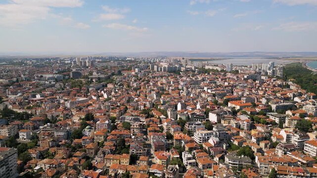 Aerial Panorama of Burgas City Roofs, Urban Skyline, and Lake Atanasovsko