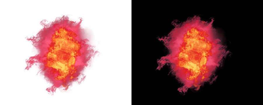 A vibrant explosion of fire and smoke with glowing embers is presented on transparent background flame ember glow incandescence combustion eruption burst