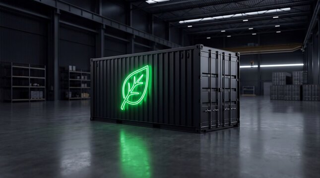 Black shipping container with glowing neon green leaf logo in dark warehouse