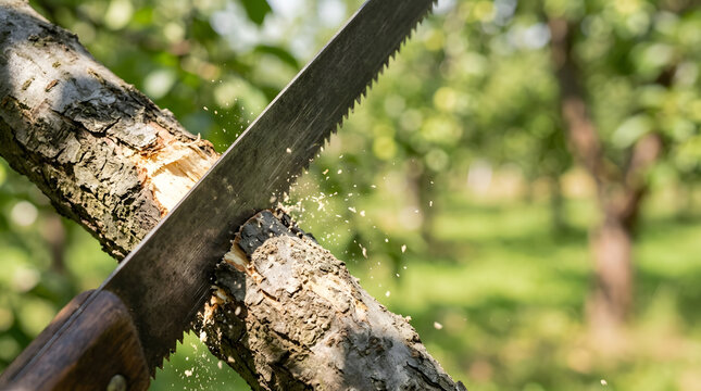 Extreme close-up of a hand saw cutting through a tree branch. Sawdust flying during fruit tree pruning in an orchard