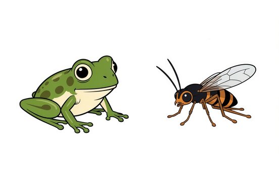 Cartoon frog and bee illustrated together on a white background  