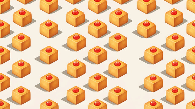 Seamless pattern of isometric square cookies with red jam centers