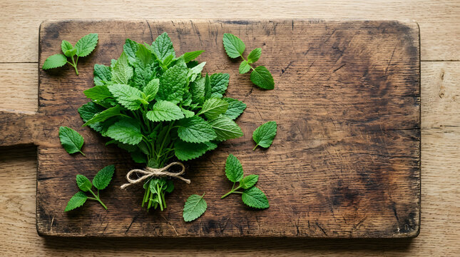 Top view of a fresh lemon balm bunch tied with twine on a rustic wooden board. Organic melissa herb flat lay