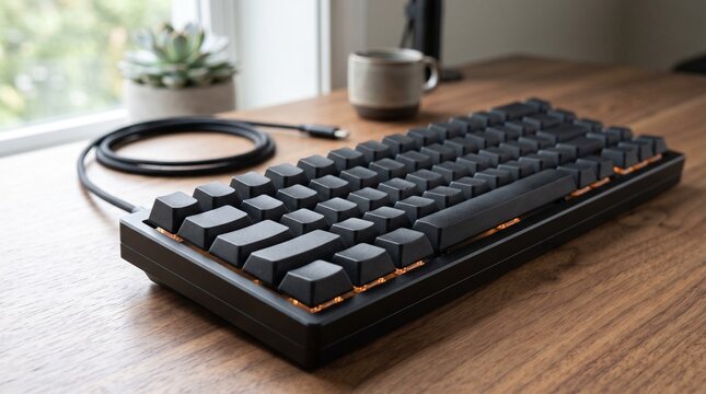 Modern mechanical keyboard with black keycaps on a wooden desk with a coffee mug.