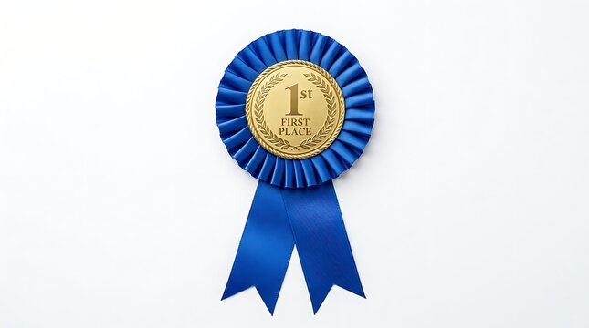 Blue first place prize rosette ribbon with gold medal for competition winner achievement