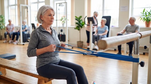 Active Senior Woman Exercising With Resistance Band During Rehabilitation Class In Modern Gym. Concept of senior fitness, physical therapy, rehabilitation center.