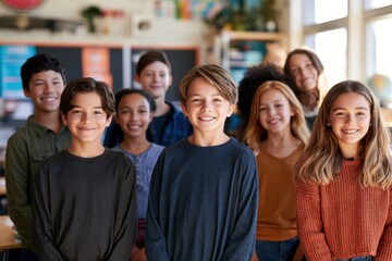 Obraz premium Diverse middle school students posing for a friendly classroom portrait