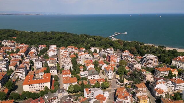 Aerial View of Burgas Coastal City, Sea Garden, Pier, and Black Sea, Bulgaria