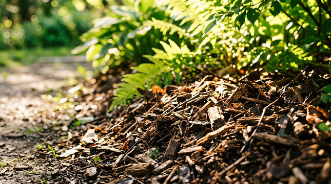 Close up of natural brown wood chip mulch on garden ground. Organic landscaping material with green foliage in sunlight