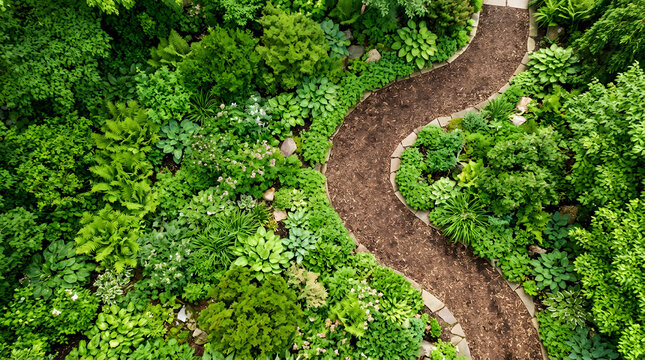 Aerial top down view of a winding garden path covered in brown mulch. Lush green hostas and ferns bordering a curving walkway