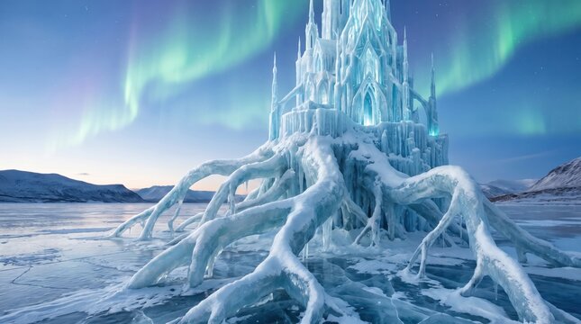 Majestic ice castle with giant frozen roots under glowing northern lights sky in winter landscape. Concept of fantasy castle. Copy space.