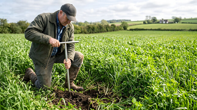 Farmer kneeling in green field using soil probe to test earth. Agronomist checking soil health in cover crops on rural farm