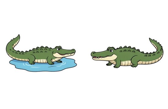 Cartoon crocodiles in water and on land with playful expressions  on white background