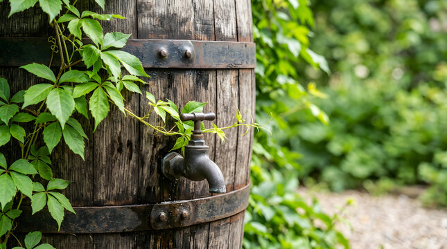 Rustic wooden barrel water reservoir with metal tap in a lush garden. Rainwater harvesting and eco friendly gardening concept. Close up of climbing green vines on wood