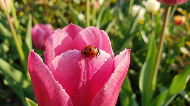 Ladybug on pink tulip petal with water drops blooming in sunny spring garden close up macro. Concept of shot, bright, red, resting, vibrant, ladybird, spring flower.