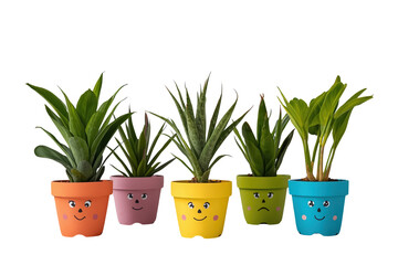 Fototapeta premium Five cheerful potted succulent plants with smiling faces