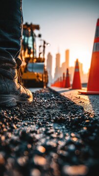 Worker boots stand on fresh asphalt next to orange cones and machinery during sunrise road construction. Ideal for civil engineering and urban.