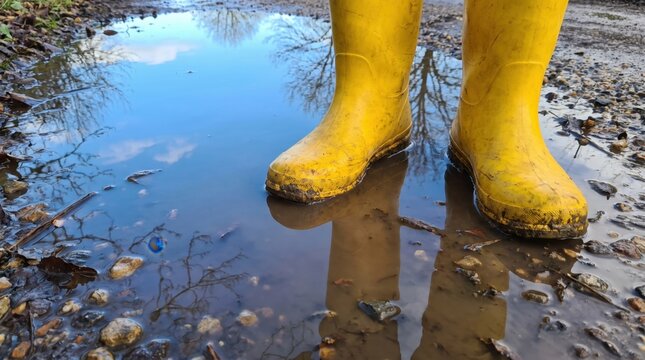 Yellow rubber boots standing in water puddle reflecting blue sky outside. Concept of bright, rain, shallow, rain boots, puddle reflection. Copy space.