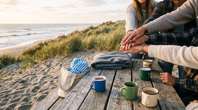 Group of friends stacking hands on a picnic table by the beach at sunset unity