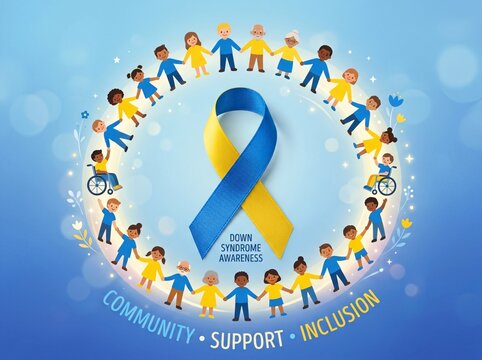 Down syndrome awareness blue and yellow ribbon surrounded by children circle