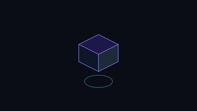 Minimalist isometric cube animation with glowing neon outline and floating motion effect 4k