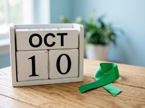 Wooden block calendar showing october 10 next to a green awareness ribbon