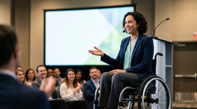 Confident Woman Speaker in Wheelchair Addresses Audience at Conference with Presentation Screen