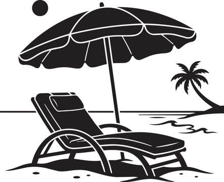 beach chair and umbrella silhouette with tropical palm tree vector illustration
