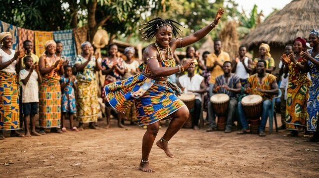 African Woman Dances Joyfully to Drum Rhythms Surrounded by Community in Traditional Attire