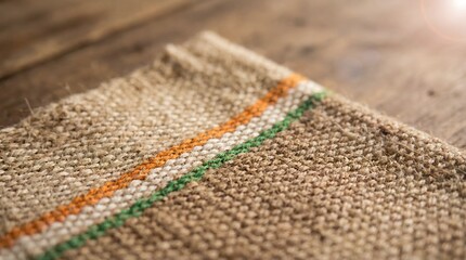 Fototapeta premium Rustic Jute Burlap Fabric with Orange, White and Green Stripes on Wooden Table, Natural Textile Background for Indian Craft, Eco Packaging and Sustainable Design