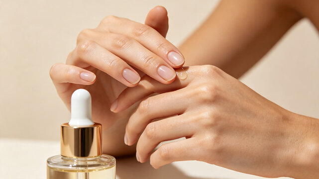 Close-up of a woman's hands applying a drop of cosmetic serum from a glass dropper bottle, focusing on skin care and beauty routine.