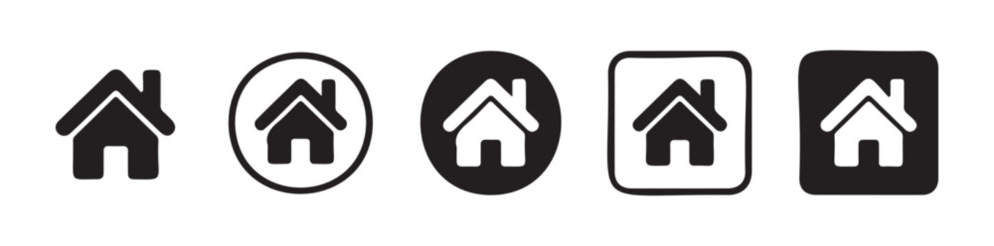 Homepage icon variations including outline circular and square filled house shapes for website.