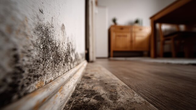 Black mold spreading across an interior wall near the floor in a damp home. Ideal for home maintenance and renovation concepts.