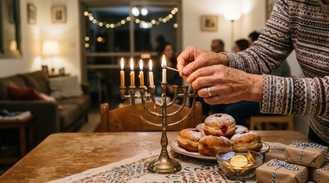 Senior woman lighting candles on menorah during Hanukkah celebration with family at cozy home. Concept of sufganiyot, hanukkah coins. Copy space.
