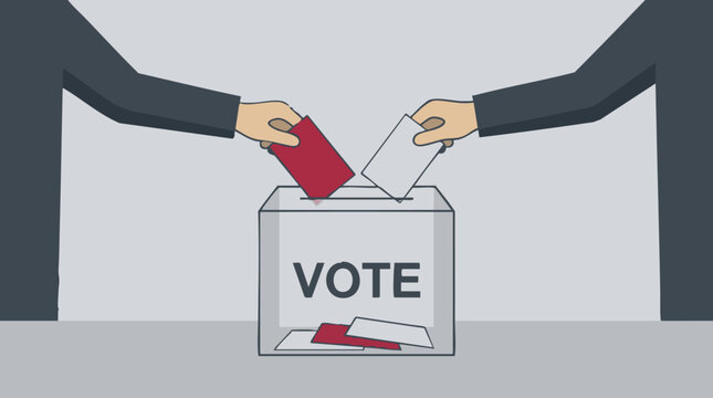 Hands placing red and white ballots into a vote box for election