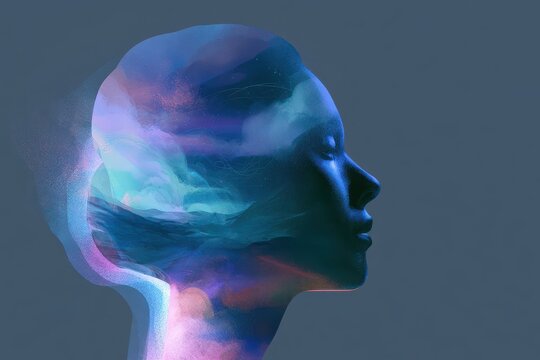 Contemplative illustration of a head looking inward, inner thoughts forming ethereal scenes