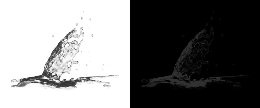 Dynamic water splash on white and black backgrounds, high speed liquid crown splash, clean water drop ripple effect