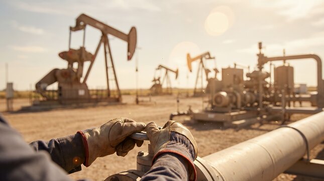 Oilfield worker in heavy-duty gloves turning a pipeline valve during routine maintenance at a crude petroleum drilling field with active pumpjack rigs