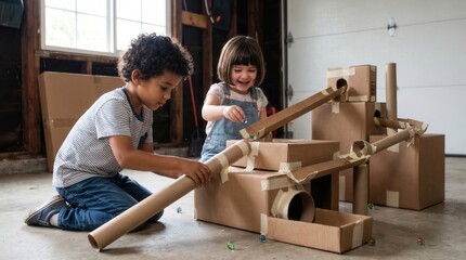 Naklejka premium Two happy diverse kids building handmade cardboard marble run game playing together inside garage. Concept of cardboard track, stem activity, creative play. Copy space.